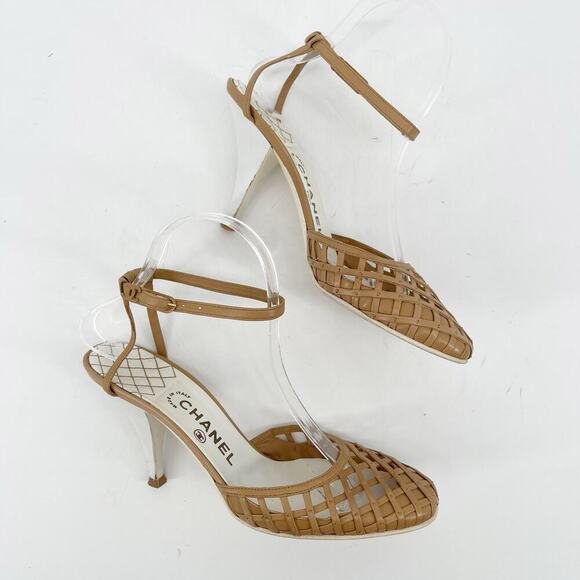 Chanel Vintage Retro Camel Tan Leather Woven Lattice Ankle Strap Heels EU 38 - Picture 3 of 14